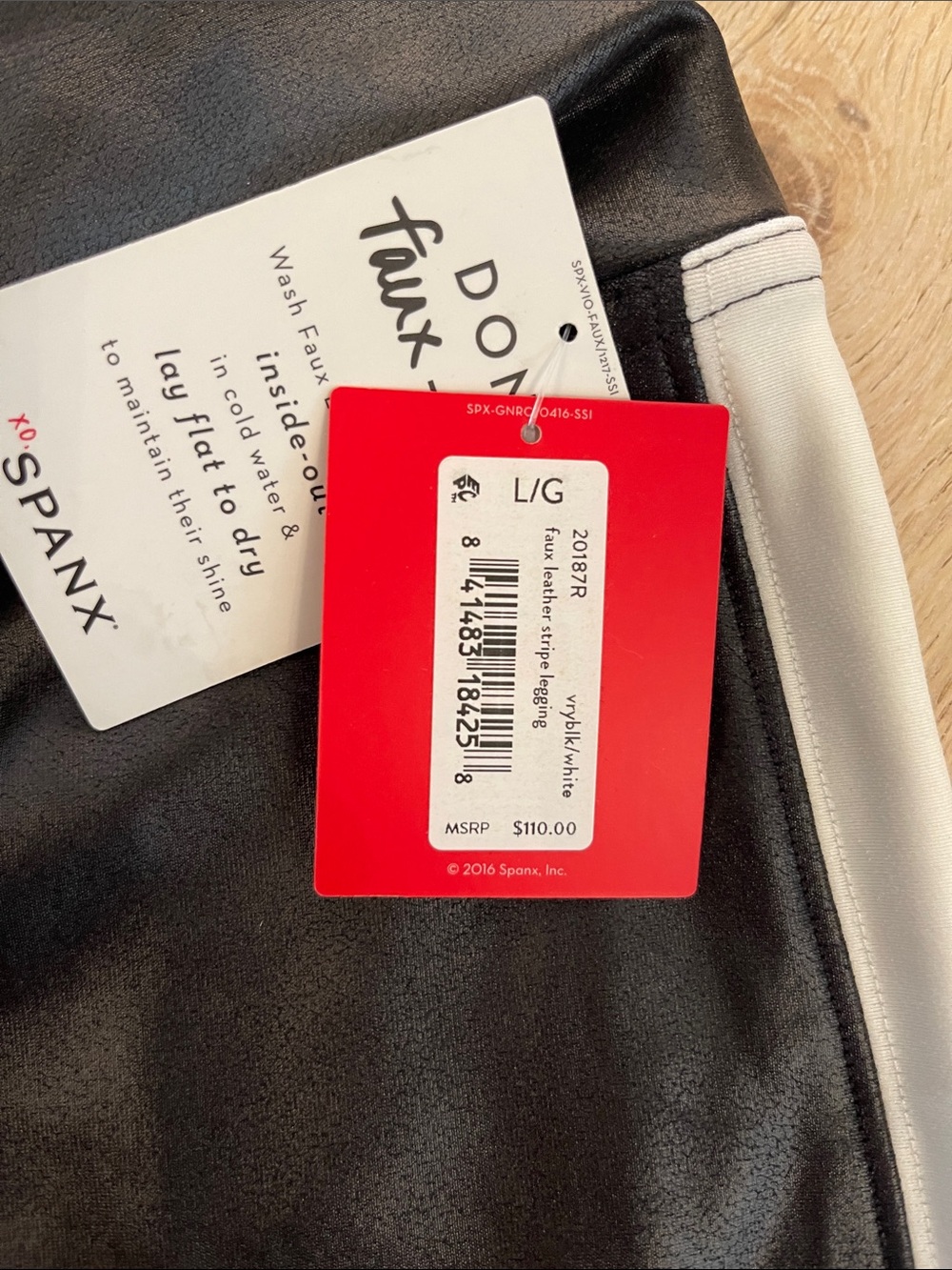 SPANX Black Faux Leather Leggings with white stripes size large - Picture 4 of 5